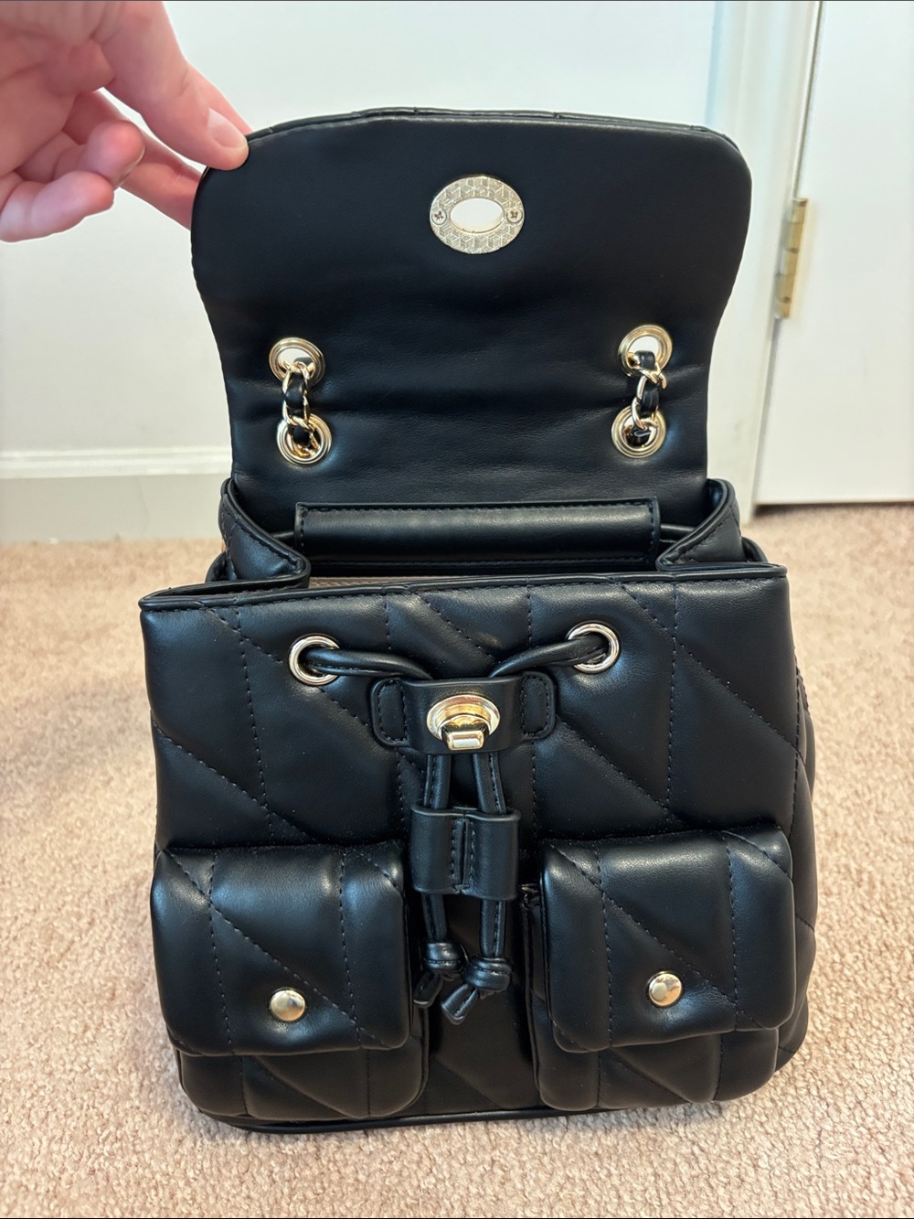 Black Quilted Women’s Drawstring Backpack
